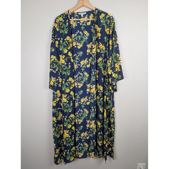The Pioneer Woman Tops - Pioneer Woman Kimono Womens L XL Navy Yellow Floral Duster Robe 46in Lightweight